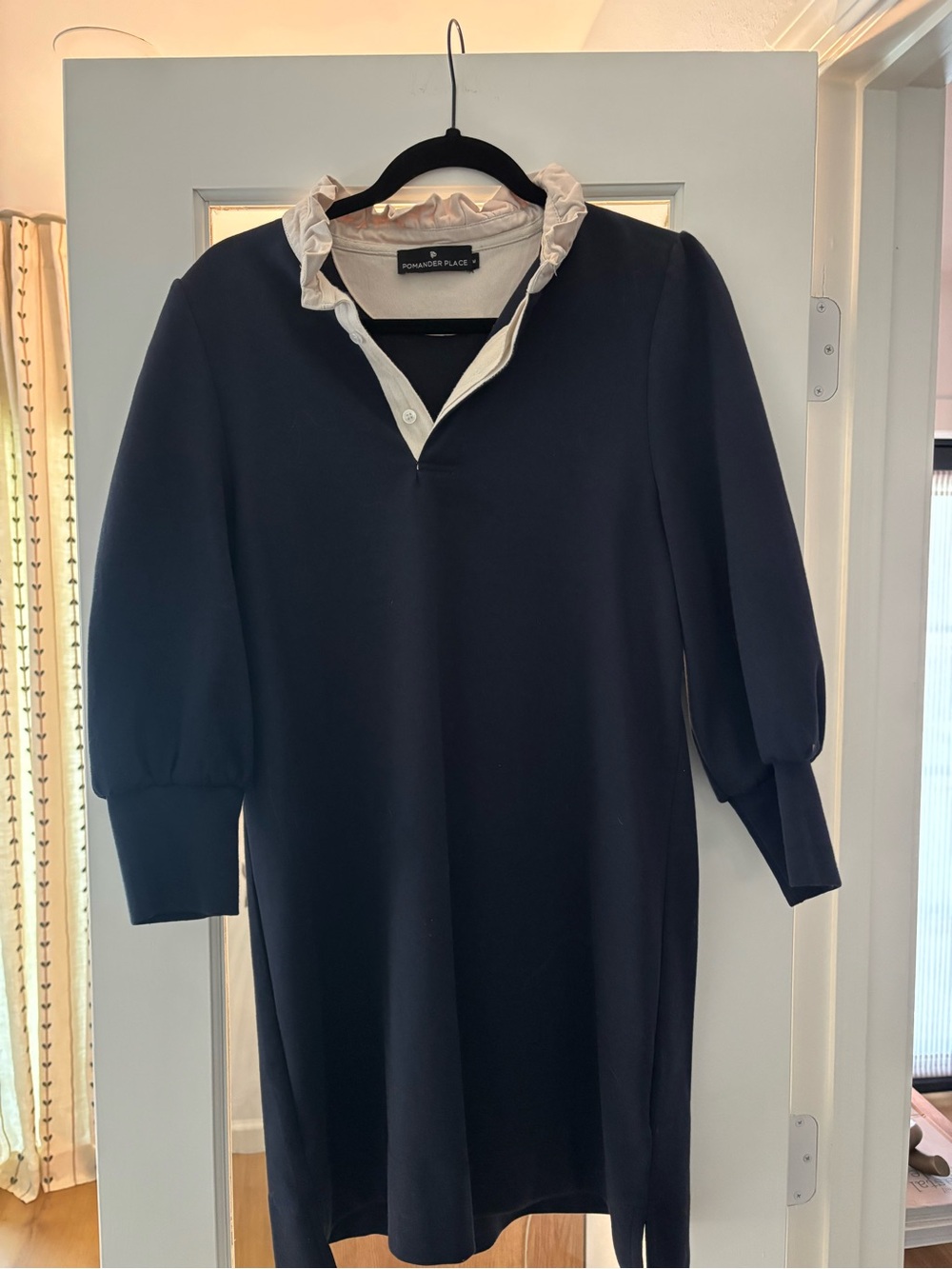 Tuckernuck Pomander Place Navy Midi Dress with Cream Ruffle Collar